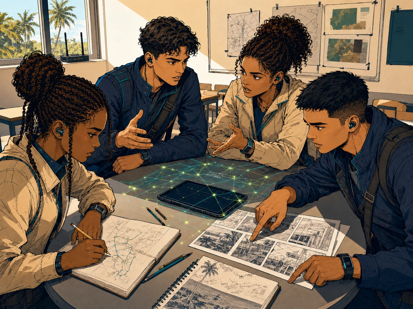 Cuatro estudiantes trabajan en una mesa con cuadernos, una tableta y bocetos de viñetas.
