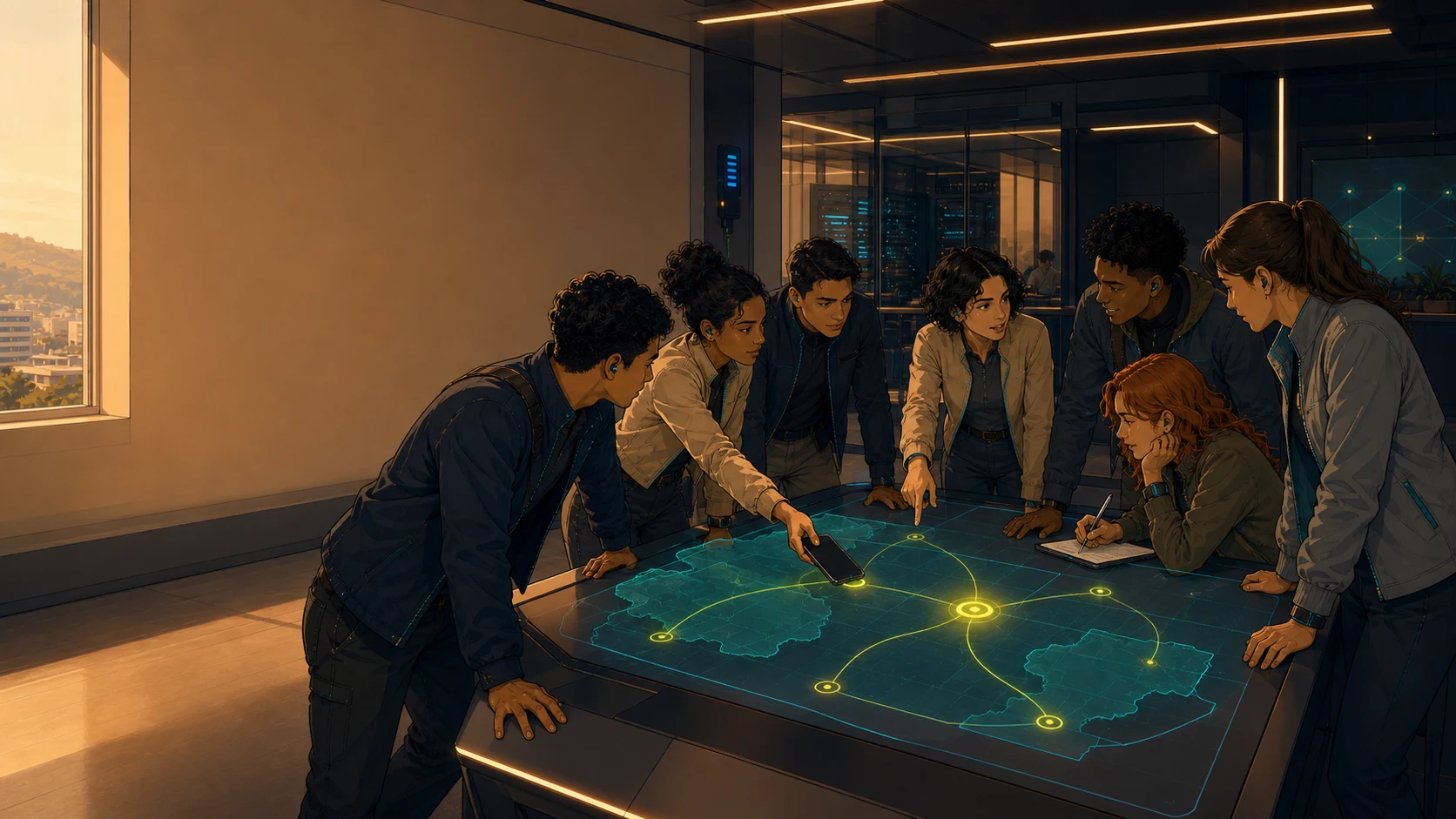 Un grupo alrededor de una mesa iluminada con un mapa de nodos conectados por hilos.